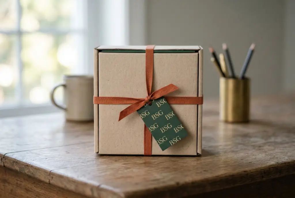 Individuelles Design und Packaging für Premium-Werbemittel von Brand Solution GmbH – Hochwertiges Paket mit grünem Seidenpapier und orangem Band auf einem Schreibtisch.