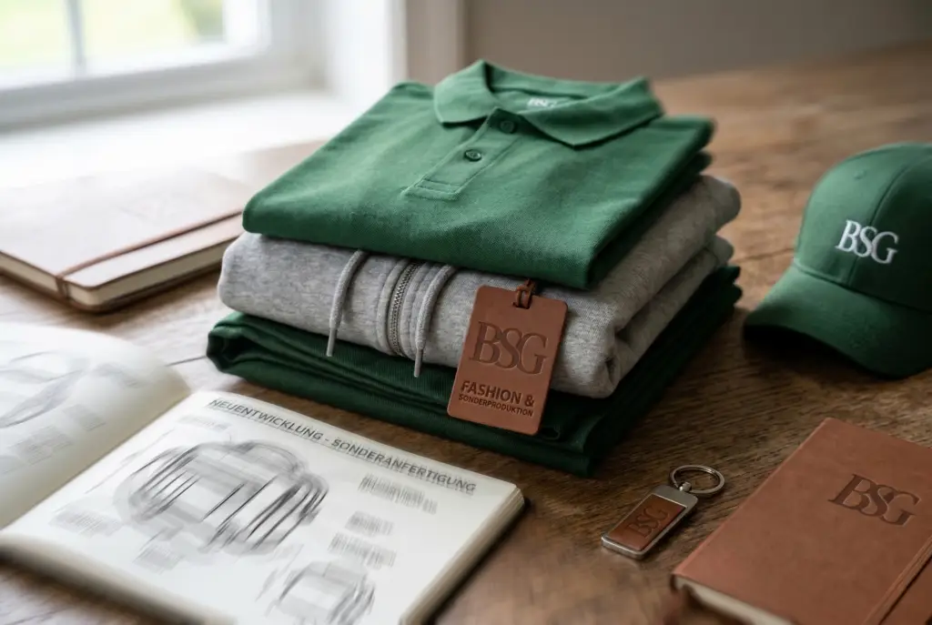 Nahaufnahme von hochwertigen Textilien, technischen Skizzen und edlen Accessoires mit dem BSG-Logo – Individuelle Fashion und Sonderproduktion der Brand Solution GmbH.