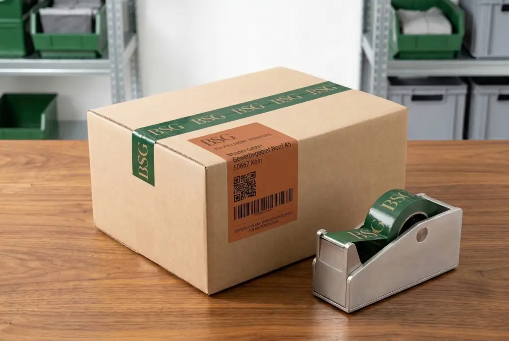 Ein hochwertiger Versandkarton mit grünem BSG-Klebeband und orangem Versandlabel auf einem Holztisch, im Hintergrund ein modernes Lager – Fulfillment und weltweite Logistik von Brand Solution GmbH.