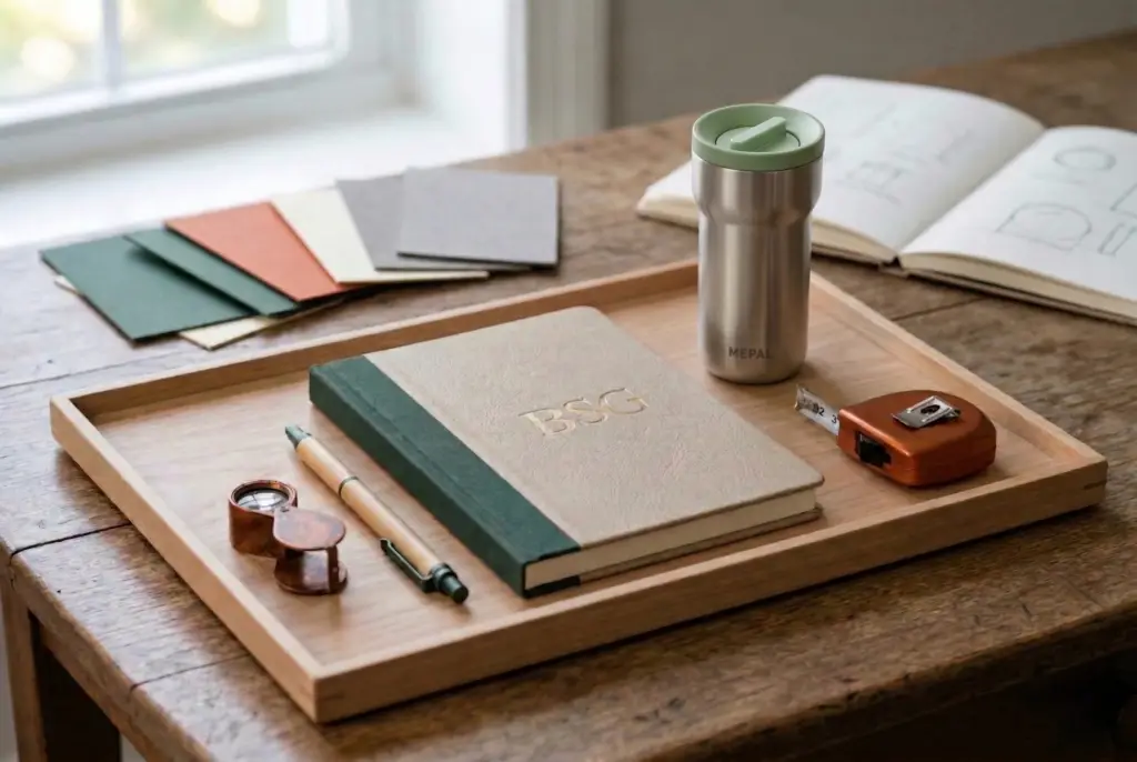 Kuratierte Auswahl an hochwertigen und nachhaltigen Werbeartikeln von Brand Solution GmbH – Ein edles Leder-Notizbuch, ein Bambus-Stift und eine orange Keramiktasse auf einem Holztablett.